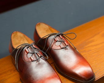 Scarpe eleganti da uomo in pelle, modello Oxford marrone patinato / Pelle di vitello italiana dipinta a mano / Allacciatura integrale / Suola Goodyear Welt / Regalo per testimoni dello sposo