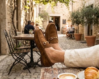 Tan Suede Horsebit Loafers, Handcrafted Mens Suede Slip Ons, Quiet Luxury Italian Style Leather Shoes, Classic Premium Groom Dress Shoes