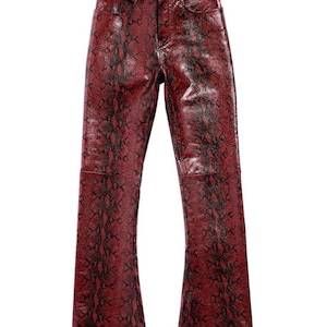 Red Snakeskin Print Leather Pants - High Waisted Faux Python Trousers - Goth Punk Moto Style - Vegan Leather Bottoms