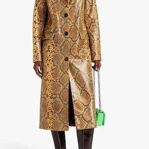 Python Print Leather Trench Coat Full Length Statement Faux Snakeskin Jacket