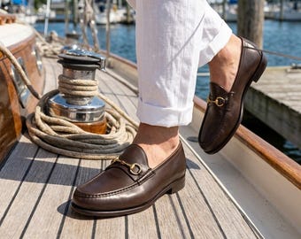 Men's Brown Leather Horsebit Loafers, Handmade Calfskin Dress Shoes, Classic Quiet Luxury Mens Slip Ons, Handcrafted Gents Gift