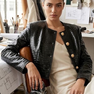 Croc Embossed Leather Jacket Vintage Style Black Leather Blazer, Cropped Structured Textured Bomber Coat