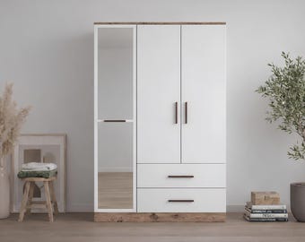 Modern White Wardrobe with Mirror & 2 Drawers, 3-Door Bedroom Armoire, Minimalist Clothing Storage Cabinet, Freestanding Wooden Closet