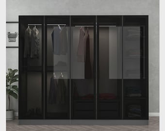 Anthracite Black Glass Wardrobe, 5 Door Luxury Armoire, Modern Bedroom Closet Organizer, Large Dark Wood Wardrobe, Premium Clothes Storage