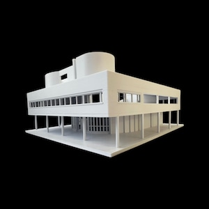 May include: A white architectural scale model of a modern building featuring a rectangular main structure supported by thin cylindrical columns, a flat roof, horizontal window bands, and two prominent curved rooftop elements on a base.