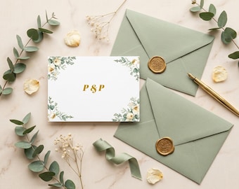 Chic Minimalist Wedding Invitation Template, Editable Secular Ceremony by Canva, Elegant 5-Page Event Stationery Pack, Sage Green