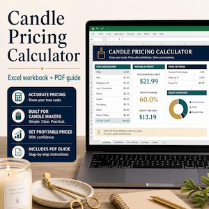 May include: A digital candle pricing calculator displayed on a laptop screen, featuring an Excel workbook interface with cost breakdown tables, profit margin calculations, and a pie chart. The text reads Candle Pricing Calculator, Excel workbook + PDF guide.