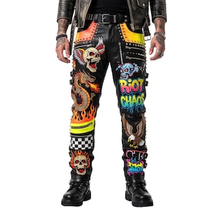 Pantalon en cuir pour homme, motif tête de mort et dragon, pantalon de motard punk noir clouté, style graffiti flamme