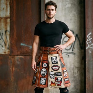 Puede incluir: Una camiseta negra de manga corta y una falda escocesa hasta la rodilla hecha de paneles de cuero marrón y beige. La falda cuenta con correas de doble hebilla en la cintura, tachuelas de metal plateado en los bordes y varios parches de calaveras.