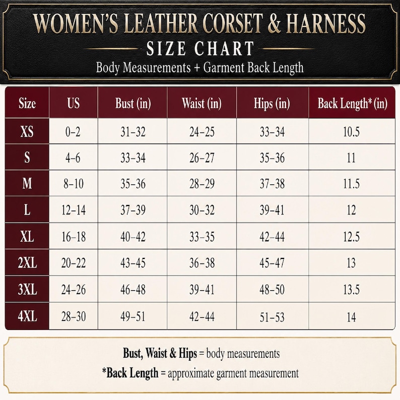 May include: A size chart for a leather corset and harness, featuring a table with columns for size, US size, bust, waist, hips, and back length in inches. The chart lists sizes from XS to 4XL with corresponding body measurements in inches.
