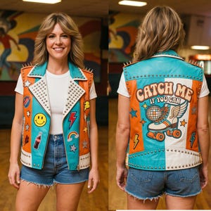 May include: A sleeveless leather waistcoat featuring a colour-blocked design in orange, teal, and white. The waistcoat is adorned with silver metal studs, various patches including a smiley face and rainbow, and the text CATCH ME IF YOU CAN on the back.