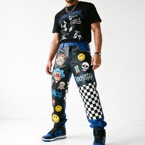 Mens Graphic Leather Pants, Genuine Cowhide Patchwork Trousers, Punk Rock Streetwear, Handmade Statement Fashion Pants