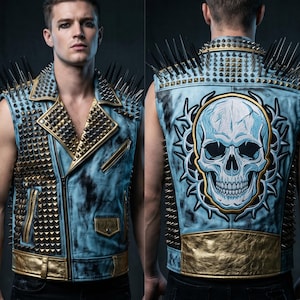 Men's Blue Gold Spiked Leather Vest with Skull Back Patch  Long Spike Studded Biker Vest  Custom Handmade Punk Vest