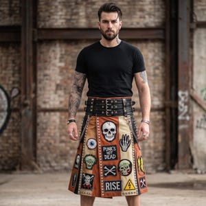 Puede incluir: Una camiseta negra y una falda escocesa multicolor con una ancha cintura de cuero negro con tres hebillas. La falda está decorada con varios parches, incluyendo una calavera, un globo ocular, una mano esquelética y el texto PUNK'S NOT DEAD y RISE.