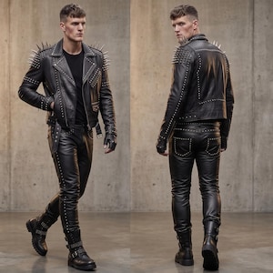 May include: A black leather jacket featuring silver metal spikes on the shoulders and lapels, paired with matching black leather trousers adorned with silver studs along the seams and black leather boots with buckle details and metal hardware.