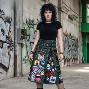 Peut inclure: Un t-shirt noir à manches courtes associé à une jupe mi-longue verte et noire ornée de multiples boucles, de pointes en métal argenté et de divers écussons colorés, dont un crâne, un éclair et une bouche, portée avec un collier à pointes.