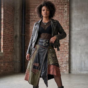 Puede incluir: Una chaqueta de cuero negra de estilo motero sobre un top de malla negro, combinada con una falda midi de paneles en cuero negro y verde oliva, con tachuelas de metal plateado, un gráfico de calavera, dos cinturones con hebilla y una cadena lateral.