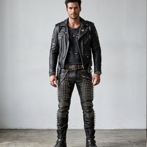 Könnte beinhalten: Eine schwarze Leder-Motorradjacke mit silbernen Beschlägen, Aufnähern und Schulterklappen, getragen über einem abgenutzten dunkelgrauen T-Shirt. Das Outfit umfasst eine schwarze Lederhose mit silbernen Metallnieten und Stacheln, eine Kette und schwarze Stiefel.