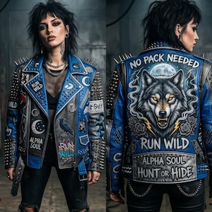 Pode incluir: Uma jaqueta de couro azul e preta com tachas metálicas prateadas nos ombros e mangas. As costas exibem um gráfico de lobo com o texto "NO PACK NEEDED", "RUN WILD", "ALPHA SOUL" e "HUNT OR HIDE". A frente inclui patches e texto.
