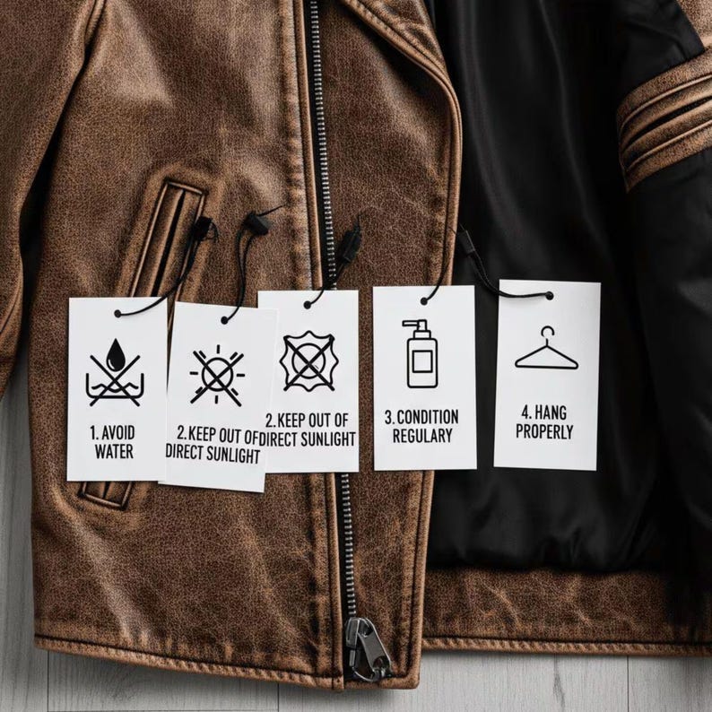 May include: A brown distressed leather jacket with a black lining and five white care instruction tags attached. The tags feature icons and text: 1. Avoid water, 2. Keep out of direct sunlight, 3. Condition regularly, and 4. Hang properly.