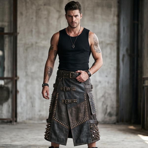 Kilt en cuir punk pour homme, kilt utilitaire gothique clouté, jupe patchwork rebelle chaotique, tenue de festival rock métal, streetwear alternatif pour homme