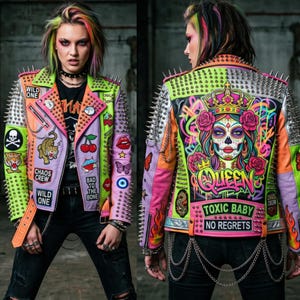 Women's Neon Studded Leather Jacket with Sugar Skull Queen Patch  Colorful Punk Biker Jacket Lime Orange Lilac  Custom Rave Punk Coat