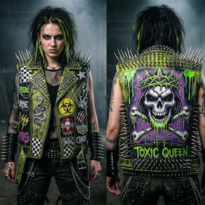 Women's Green Studded Leather Vest with Toxic Queen Skull  Biohazard Punk Biker Vest Spikes  Custom Handmade Vest