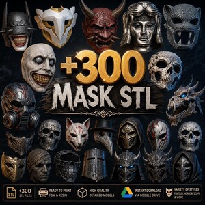 Peut inclure: Une collection de plus de 300 modèles numériques de masques pour impression 3D, incluant des styles fantastiques, horreur et science-fiction avec des crânes, têtes d'animaux et casques, accompagnés du texte +300 MASK STL bien visible.