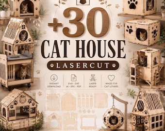 Puede incluir: Una colección de diseños de casas para gatos de madera cortadas con láser que presentan varios estilos arquitectónicos, incluyendo estructuras en forma de A, torres de varios niveles y cápsulas colgantes, con gatos visibles y piezas de montaje.