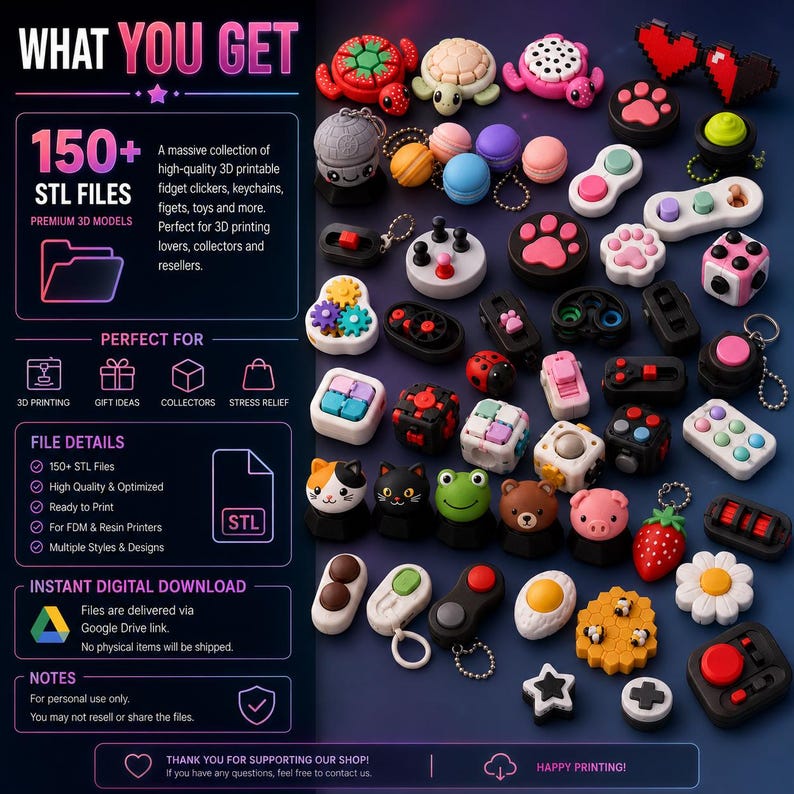 Fidget Download 150 Fidget Clicker STL Bundle – 3D Printable Click Toys, Stress Relief ...