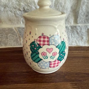 Vintage Ceramic Lidded Sugar Bowl | Patchwork Heart Country Cottage Decor | Small 4” Kitchen Canister