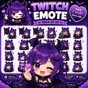 May include: A digital pack of 24 chibi devil girl emotes featuring a character with purple hair, bat wings, and horns. The emotes display various expressions and actions, including holding signs, crying, and winking. Text includes TWITCH EMOTE.