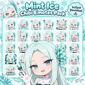 Mint Ice Chibi Girl Twitch Emotes Pack, 30 Cute Anime Girl Emotes, Kawaii Ice Blue Gaming Emotes, Discord Emotes Bundle, Twitch Emotes