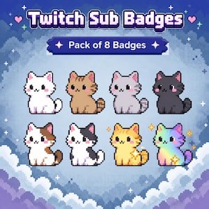 Może przedstawiać: Zestaw ośmiu odznak z kotami w stylu pixel art dla Twitcha, przedstawiający różne kolory kotów, w tym biały, brązowy pręgowany, szary, czarny, trójkolorowy, czarno-biały, pomarańczowy i tęczowy. Tekst głosi Twitch Sub Badges i Pack of 8 Badges.