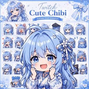 Może przedstawiać: Cyfrowa kolekcja emotek Twitch Cute Chibi Anime Girl przedstawiająca postać z długimi jasnoniebieskimi włosami i niebieskimi oczami w różnych wyrazach twarzy, w tym płaczącą, śpiącą i trzymającą przedmioty, na jasnoniebieskim kwiatowym tle.