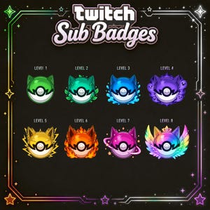 Puede incluir: Un conjunto de ocho insignias digitales de suscripción para Twitch con esferas con orejas de gato en varios colores y temas, etiquetadas del Nivel 1 al Nivel 8. Los diseños incluyen verde, turquesa con hojas, azul con agua, morado con fantasmas, rayos amarillos, fuego naranja, rosa con anillos y alas de arcoíris.