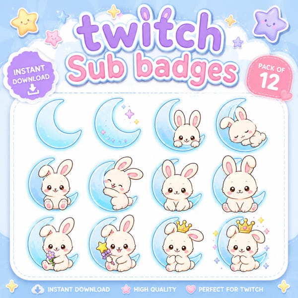Cute Bunny Moon Twitch Sub Badges, 12 Kawaii Bunny Subscriber Badges, Moon Rabbit Tier Badges, Discord Role Icons, Pack of 12 Twitch Badges