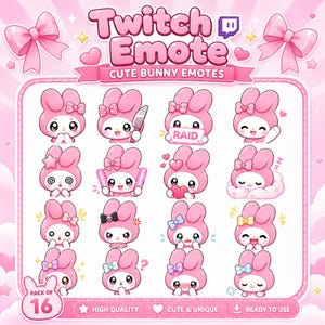 Könnte beinhalten: Eine digitale Sammlung von 16 rosa Hasen-Emotes für Twitch mit verschiedenen Ausdrücken und Accessoires wie Schleifen, Herzen und einem Messer. Die Grafik enthält den Text Twitch Emote, Cute Bunny Emotes und Pack of 16 auf einem rosa Hintergrund.
