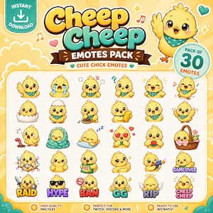 May include: A digital collection of 30 yellow chick emotes featuring various expressions and actions, including crying, sleeping, gaming, and holding items. The graphic includes the text Cheep Cheep Emotes Pack and Pack of 30 Emotes, presented in a bright yellow and teal color palette for use as online icons.
