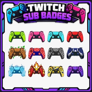 May include: A digital graphic featuring the text TWITCH SUB BADGES with twelve stylized game controller icons in various themes including solid colors, wood with leaves, spider webs, ice, fire, lightning, and a purple galaxy pattern.