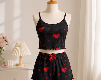 Women's Heart Print Cami Shorts Pajama Set, Summer Sleepwear Loungewear