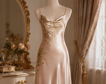 Floral Print Silk Slip Nightgown, Halter Neck Summer Sleep Dress