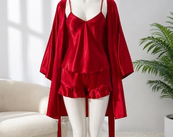 Women's Silky 3-Piece Pajama Set with Robe, Cami, Shorts, Elegant Loungewear