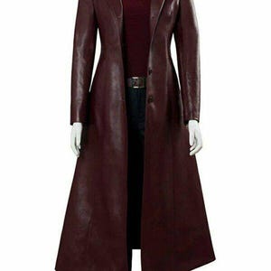 Handmade Maroon Leather Maxi Trench Coat, Elegant Burgundy Duster Winter Jacket