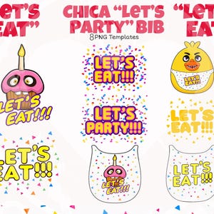 May include: A collection of 8 PNG digital templates featuring the text LET'S EAT and LET'S PARTY, including illustrations of a pink cupcake with a candle, a yellow chick character, and colorful confetti patterns on white backgrounds.