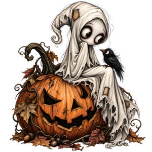 Puede incluir: Una figura fantasma blanca con grandes ojos oscuros y una capa con capucha harapienta se sienta sobre una gran calabaza naranja tallada. Un pequeño pájaro negro descansa sobre la rodilla del fantasma, rodeado de hojas de otoño.