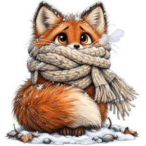 May include: A fluffy orange fox with large brown eyes wrapped in a thick, beige knitted scarf. The fox has white fur on its chest and tail tip, with small patches of snow on its ears and fur. A small puff of white breath is visible near its nose.