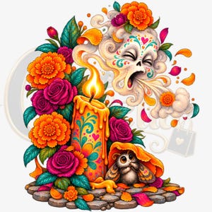 Könnte beinhalten: Eine lebendige Illustration mit einer brennenden Kerze, die mit bunten Mustern verziert ist, umgeben von orangefarbenen Studentenblumen und magentafarbenen Rosen. Ein stilisierter Totenkopf haucht Rauch über der Kerze aus, während ein kleiner, flauschiger Nachtfalter unter einem orangefarbenen Blütenblatt ruht.