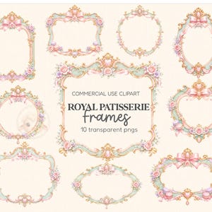 Royal Patisserie Frames Set | 10 PNG Floral Frames, Macaron Clipart, Pastel Gold Frame Bundle, French Bakery Digital Clipart