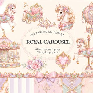 Pode incluir: Uma coleção de cliparts digitais intitulada ROYAL CAROUSEL com 44 arquivos png transparentes e 10 papéis digitais. O conjunto inclui ilustrações de cavalos de carrossel, uma carruagem de cisne, um balão de ar quente, um coração e flores.